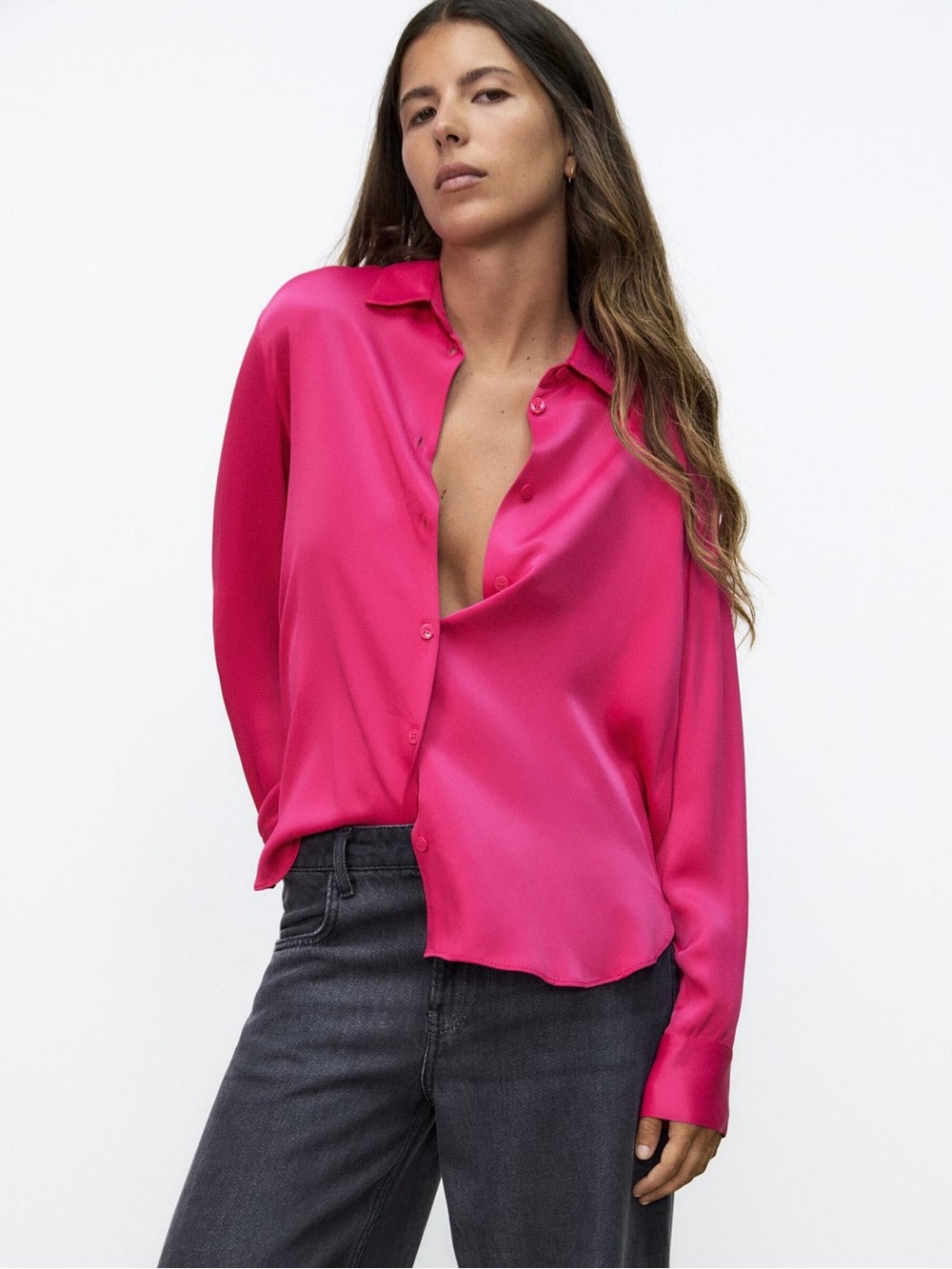 💖 Zara Hot Pink Satin Button-Down Blouse Wide Cuffs Size Medium 🎀